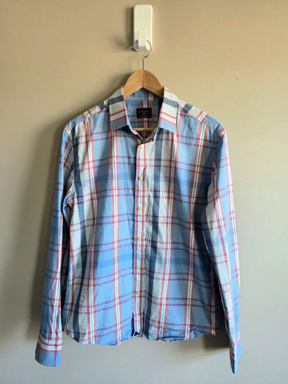 Untuckit 100% Cotton Slim Fit Plaid Blu Red Long Sleeve Shirt